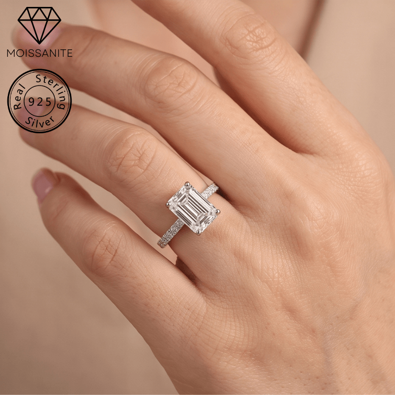 Women's 925 Silver Emerald Cut White Moissanite Ring, Classic Design