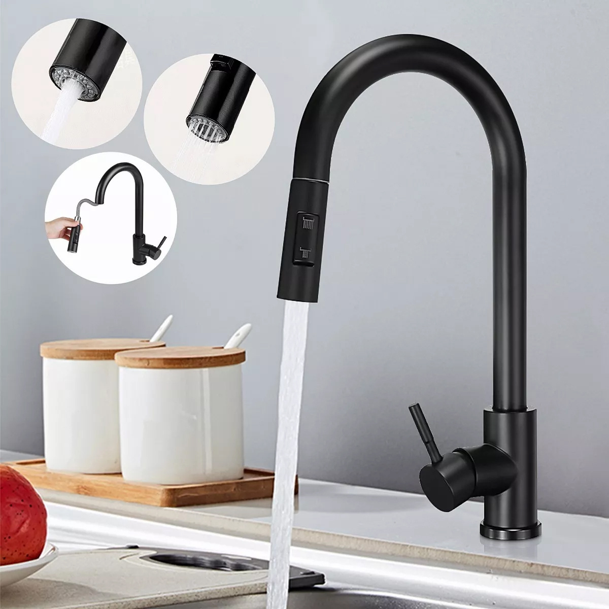 E-shop 360° Drehbarer Spülbeckenarmatur für Küchen, Einhebel-Mischer aus Edelstahl, Küchenarmatur mit ausziehbarer Dusche und Dual-Jet-Optionen,