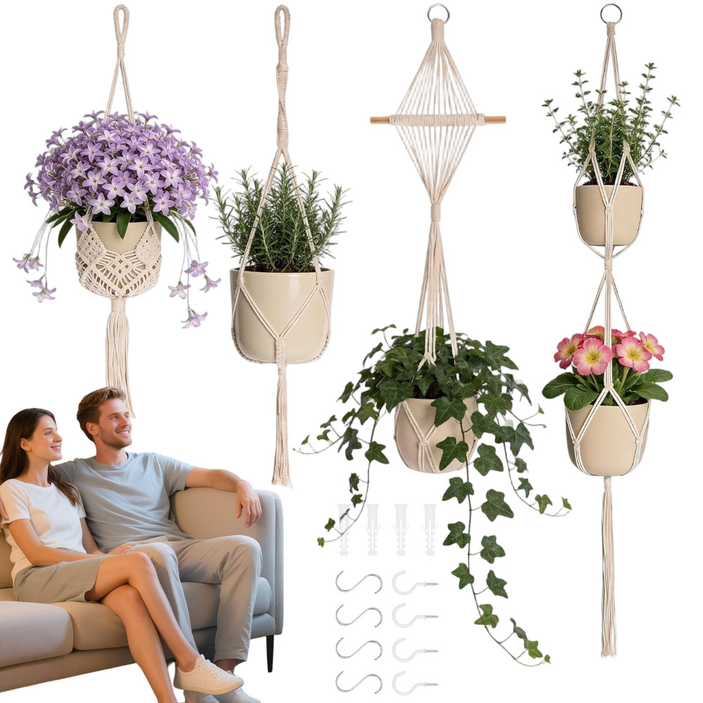 Hanging Planter Holders, 4pcs Bohemian-style Rope Plant Hangers With Hooks, Indoor And Outdoor Use, Fits Pots Up To Cm In Diameter, Perfect For Living Rooms, , And Gardens