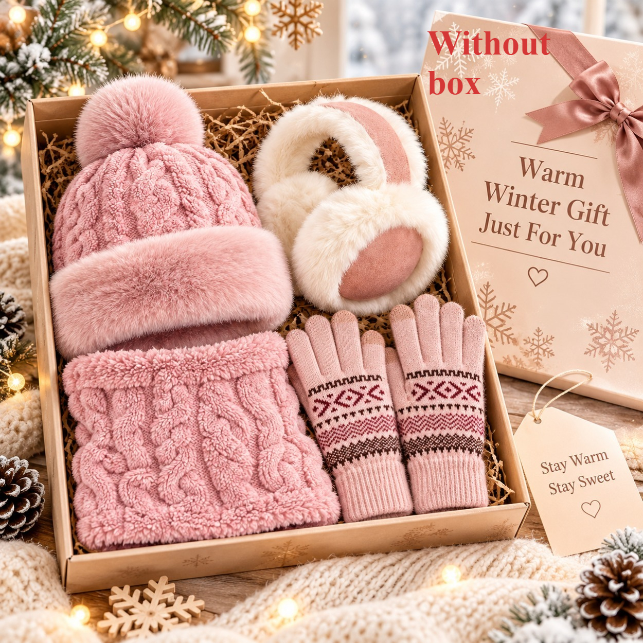 TEMU 4pcs Unisex Winter Warm Accessories Set, Knit Pom Pom Beanie Hat, Neck Warmer Scarf, Gloves & Plush Earmuffs, Cozy Cold Weather Set For Outdoor,