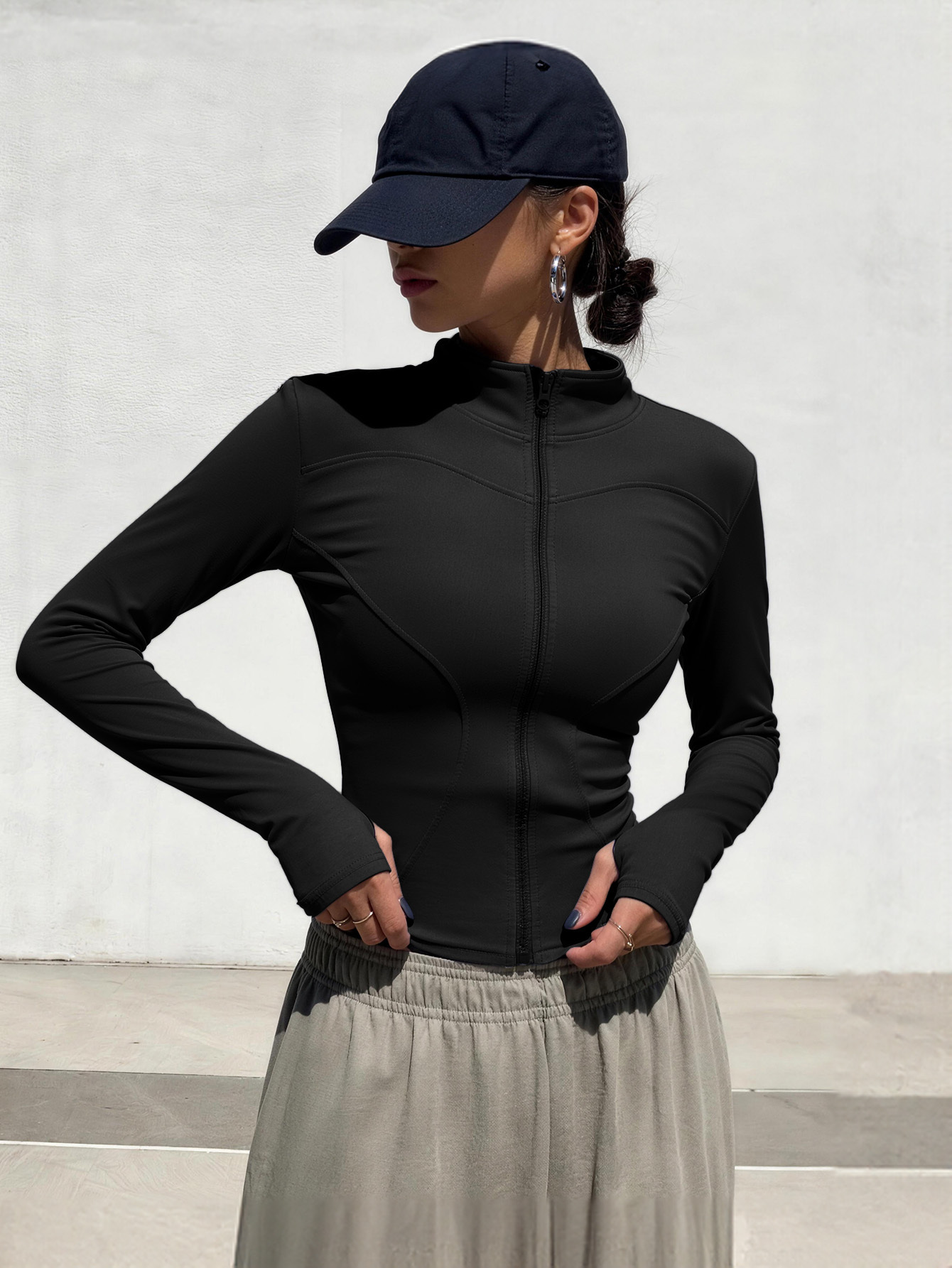 womens long sleeve yoga jacket quick dry sweat wicking sports top stretchy breathable fabric suitable for running cycling pilates gym training solid color versatile casual sportswear sports jacket fashionable sporty style