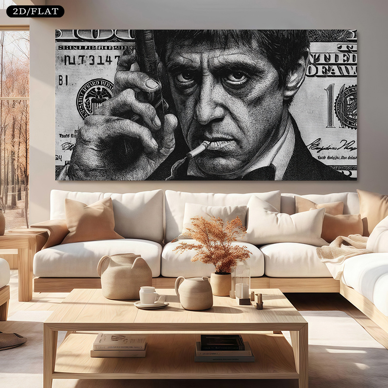 2D Plat 1 stuk 31,49x62,99 inch 80x160 cm Groot Canvas Print als Tony Montana in 'Scarface'