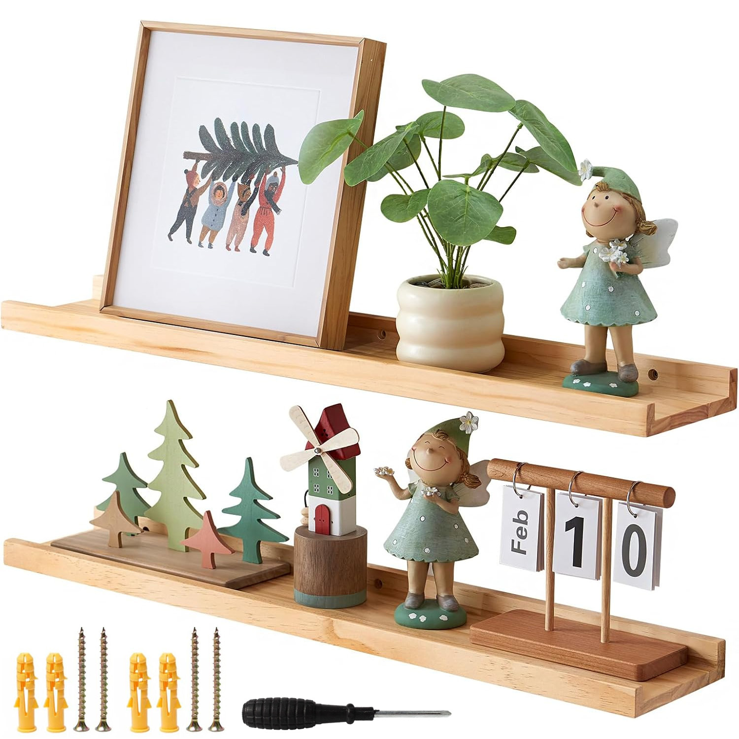 2pcs Natural Wood Wall Mounted Storage Shelves, Floating Organizer For Kitchen, Bathroom, Living Room & Hallway, Floating Shelves