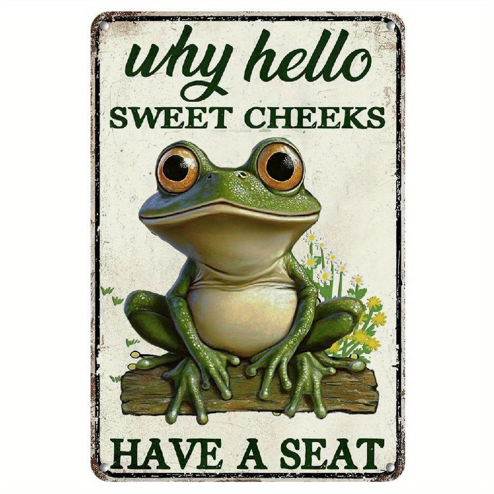 TEMU Retro Wooden Frog Sign - Why Hello Sweet Cheeks Will Sit Down - Whimsical With Floral Accents, Rustic Style Wall Decor For Bathroom, Garden, Or