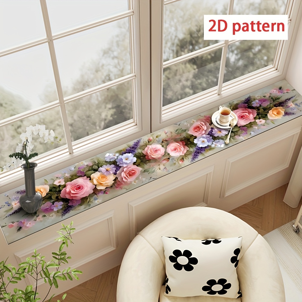 TEMU 2d Flat 1pc Multicolor Floral Theme Window Sill Decorative Mat, Vintage Tabletop , Absorbent With Rubber Backing, And Trimmable, Suitable For