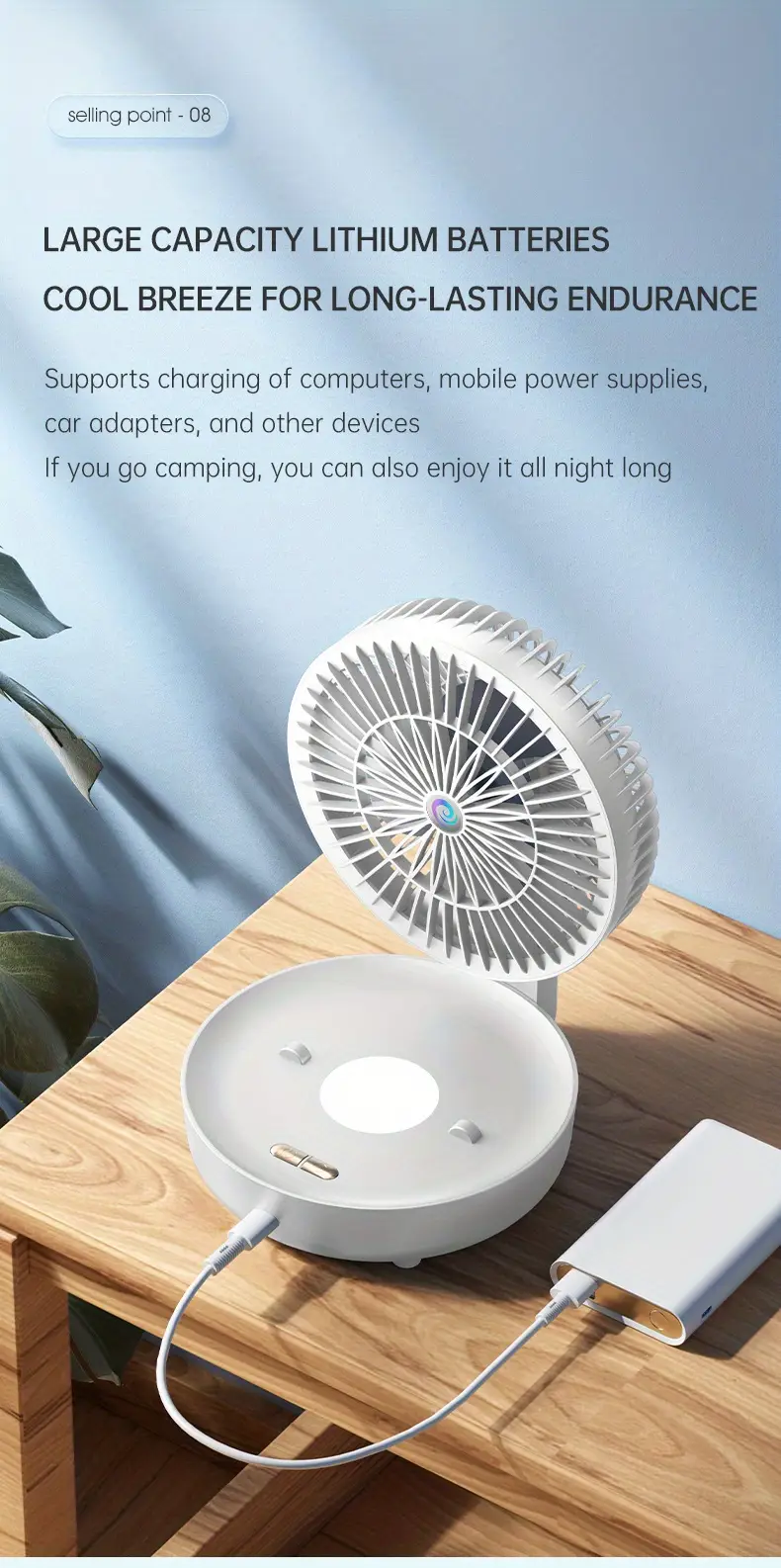 usb rechargeable desk fan with night light wall mountable quiet 1200mah lithium battery ideal for makeup office outdoor multi scene use portable fan details 1