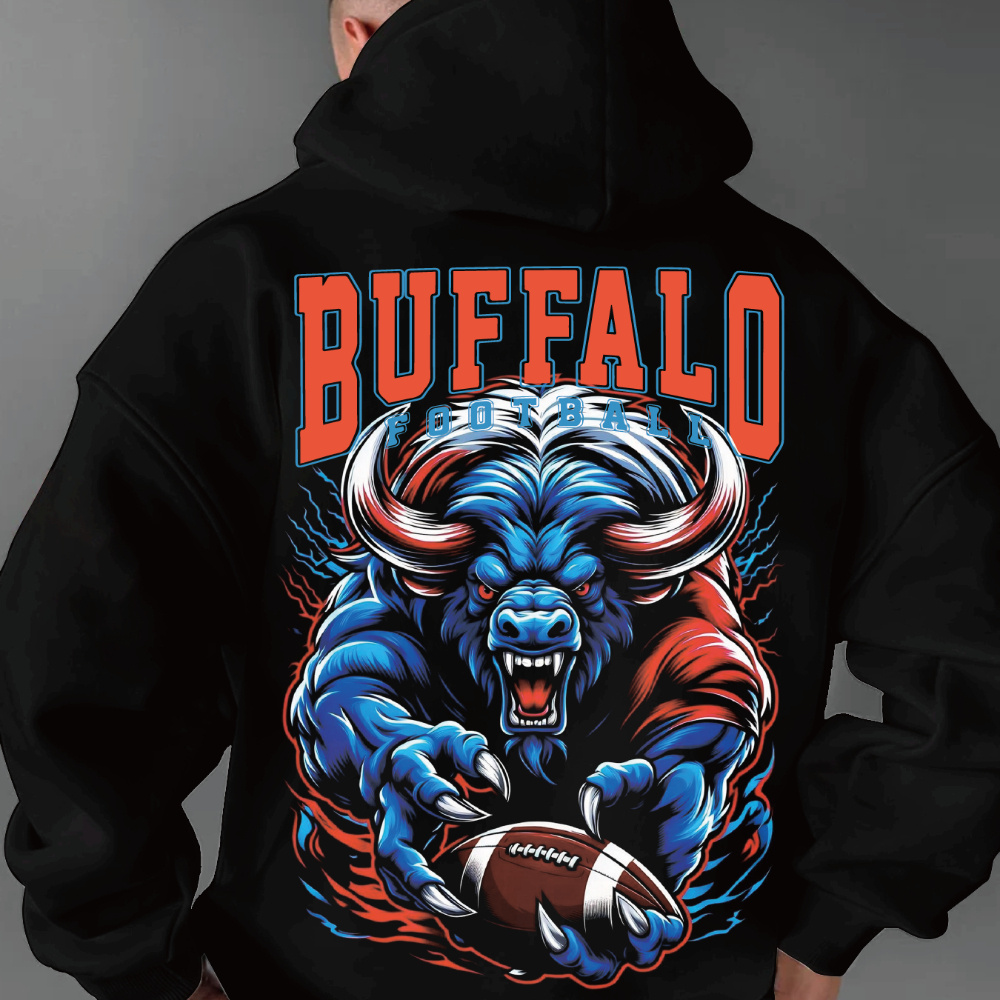 

1pc Buffalo Football Graphic Hoodie - Casual Cotton Pullover With Geometric Pattern, Round Neck, Regular Fit, Knitted Sports Sweatshirt