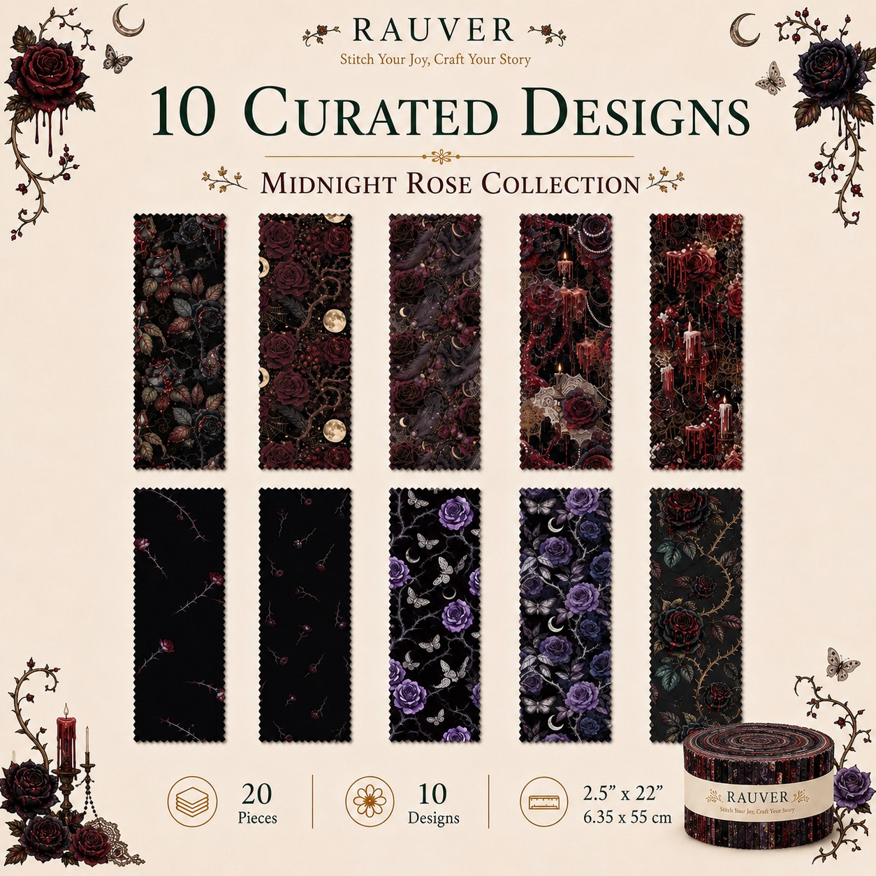 TEMU Lot de 20 bandes de tissu Jelly Roll à imprimé rose sanglante sous , nuit gothique , tissu prédécoupé standard 2,5×22 pouces pour patchwork DIY,