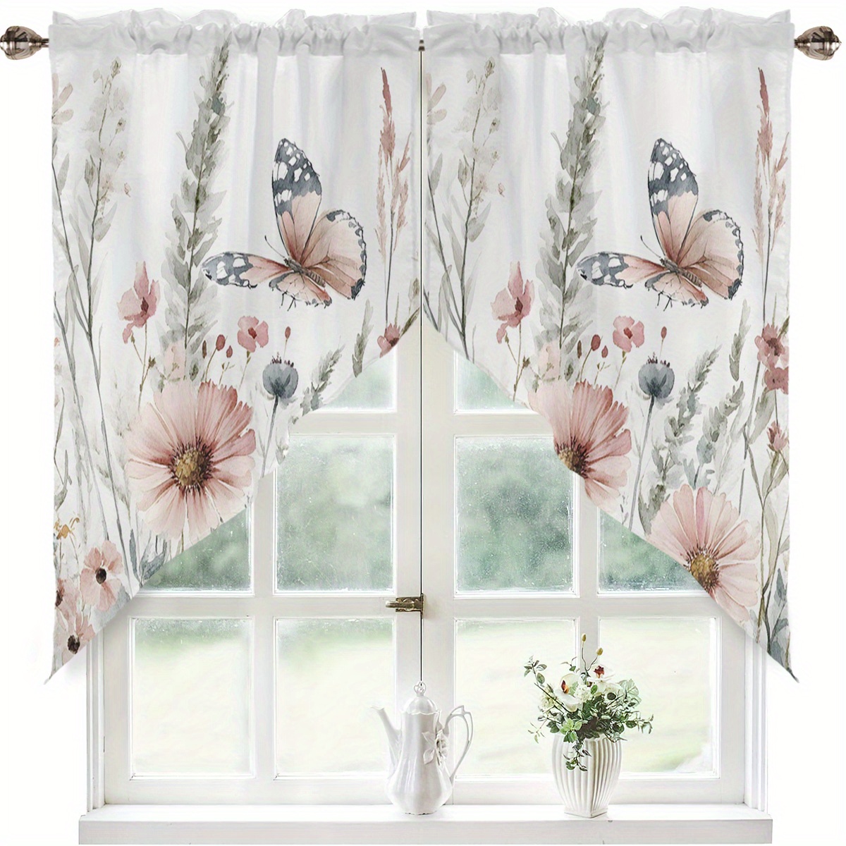 TEMU 2pcs Rideaux Triangulaires en Polyester à Imprimé Floral Vintage Papillon & Feuille d'Herbe - Rideaux de Fenêtre Filtrant avec Poche pour