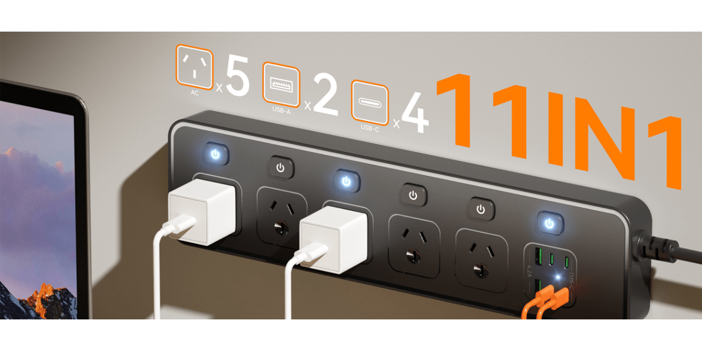 HEYMYTH Power Board Individual Switch - 3250W Power Strip with 5 AC Outlets, 2 USB A and 4 USB C, Powerboard 1.8m Extension Cord for Home and Office, Overload Protection (Black)