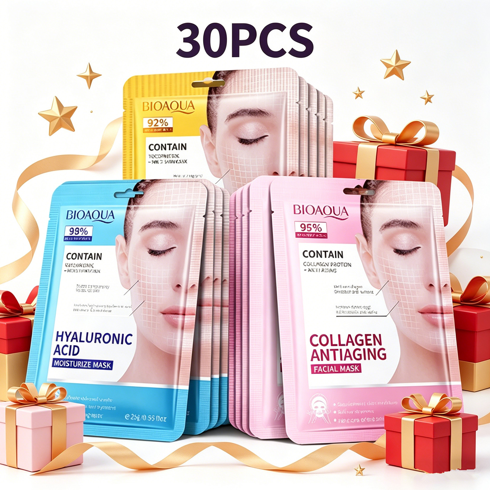 TEMU Hyaluronic Acid Collagen Face Mask Set 30pcs, Moisturizing Firming Brightening Hydrating Sheet Mask For Skin Care, Beauty Mask For Types, Gift