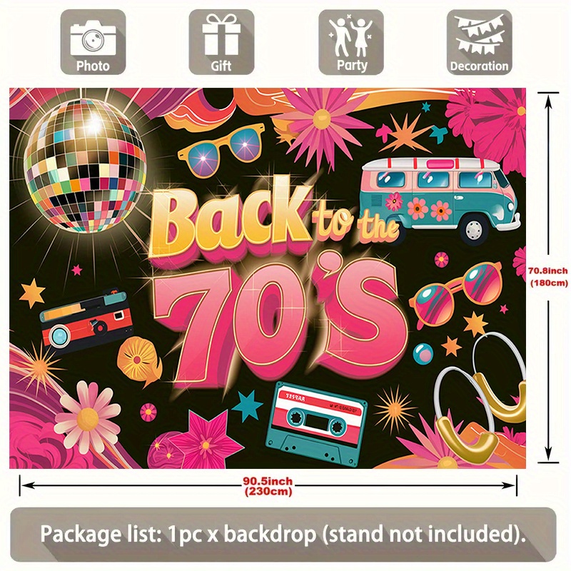 TEMU 1pc Retro 70s Disco Party Backdrop Banner - Vibrant Polyester Wall Decor With "back To The " Text, Colorful Illustrations Of Flowers, Stars, And