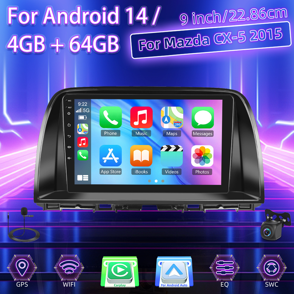 Image of 4g + 64g Carplay Car Radio For 2015 2 Din 14 Car Radio 9 Inch 1080p Hd Touchscreen Radio, Gps Bluetooth 5.0 Eq Fm/rds With Reversing Camera, Mic, Car Frame