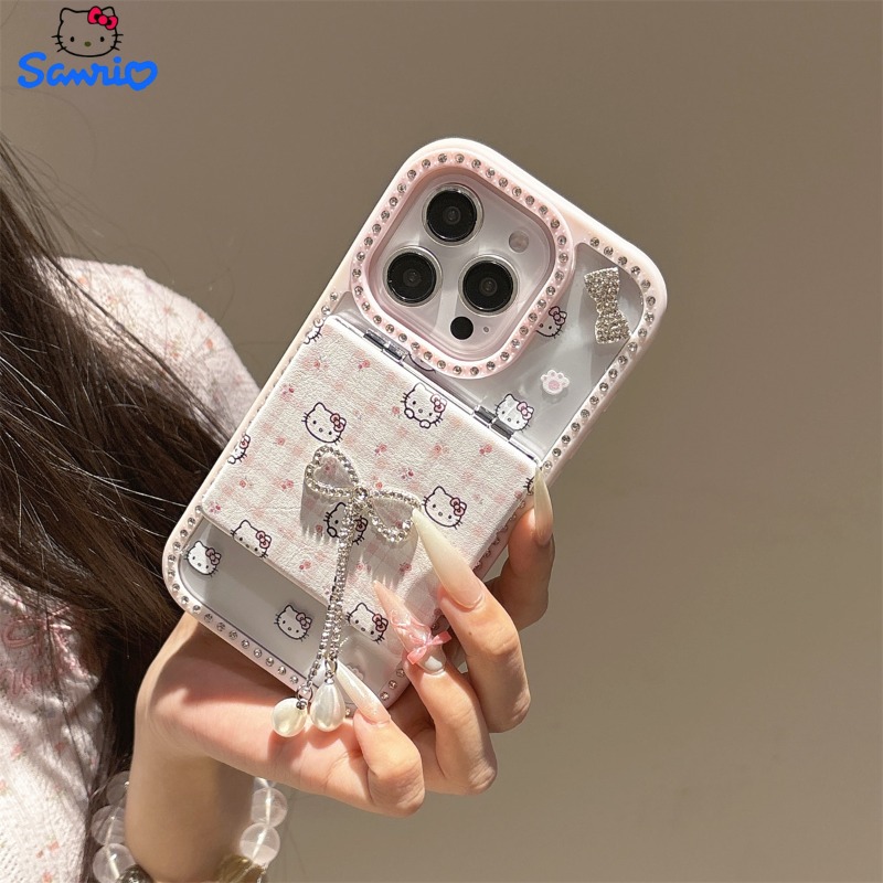 E-shop Handyhülle - Niedliche Mädchen Handyhülle mit Spiegel, Leichtes Luxus Flash Diamant Schleife Katze Flip Cover Spiegel, Kompatibel mit Apple 16