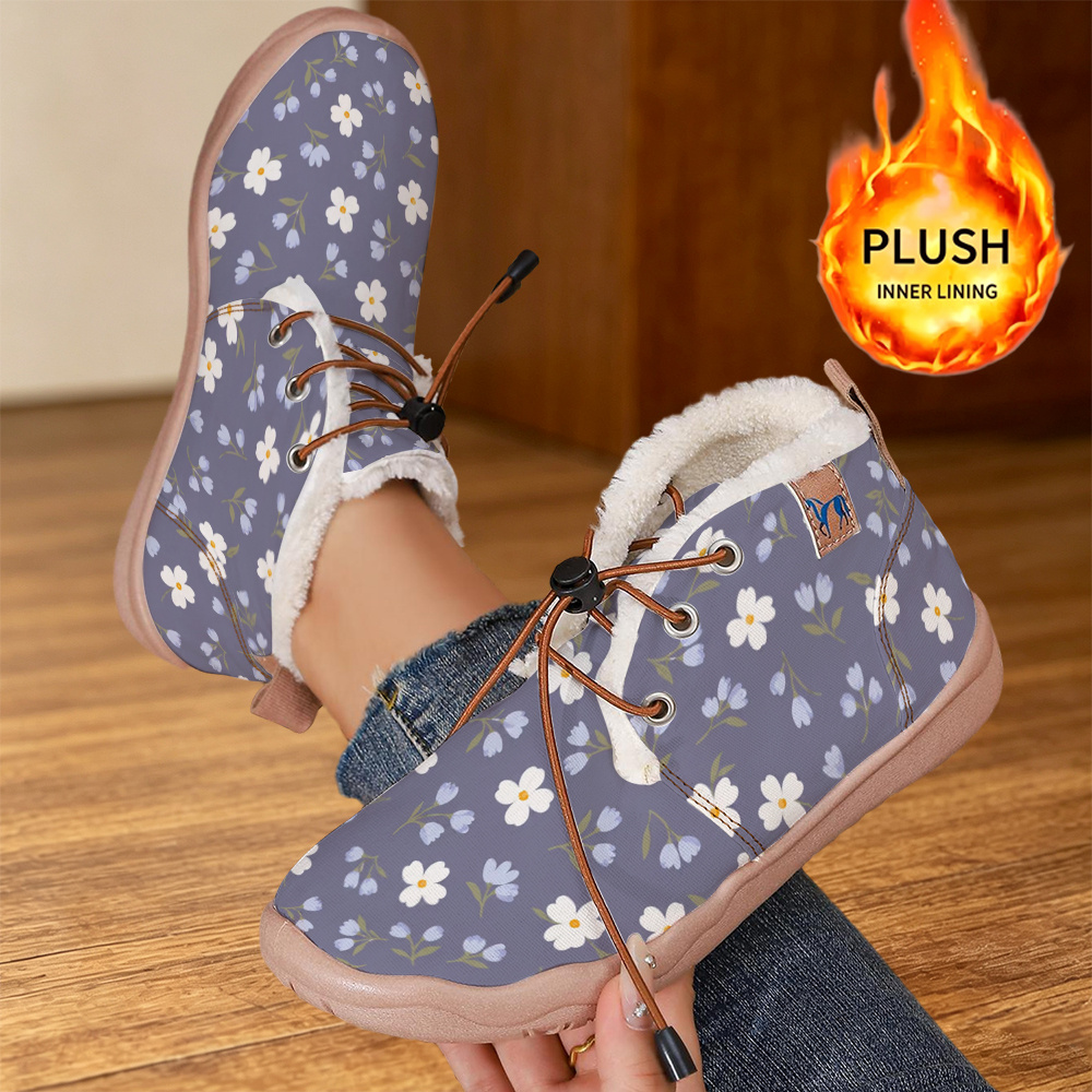 TEMU Women's Winter New Floral Print Fleece Warm Snow Boots, Lace-up Outdoor Home All-match Cold-proof Fuzzy Short Boots