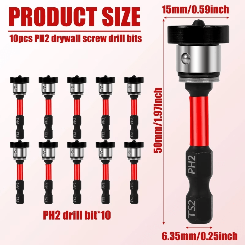 TEMU 10 Magnetic Positioning Screwdriver Bits - Heavy Duty Drywall Screw Locator With Torx Head, 50mm (2") - And Drilling, Suitable For Plasterboard,