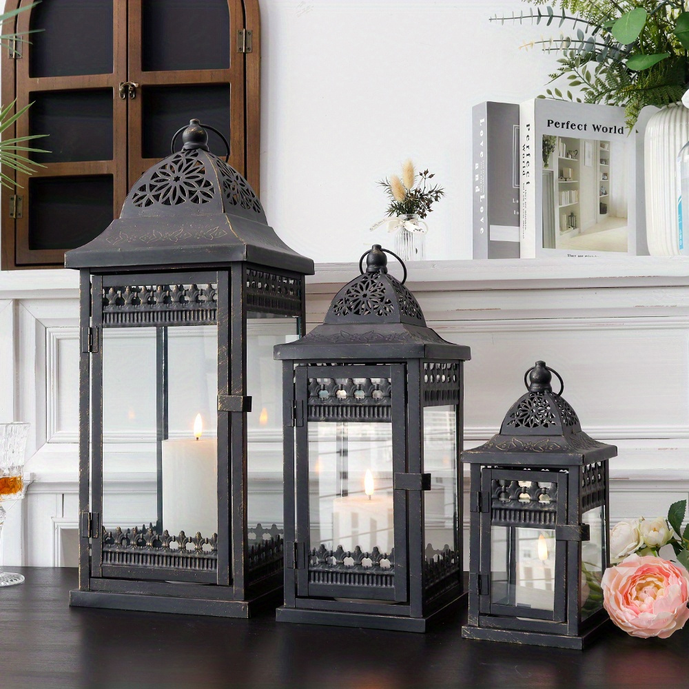 3er-set Kerzen Laternen 51&37&24cm Hohe Hängen Metall Dekorative Kerzenhalter Glas Gartenlaterne Für Kerze Innen Outdoor Party Hochzeit Garten Balcony Flur (schwarz Mit Goldpinsel)