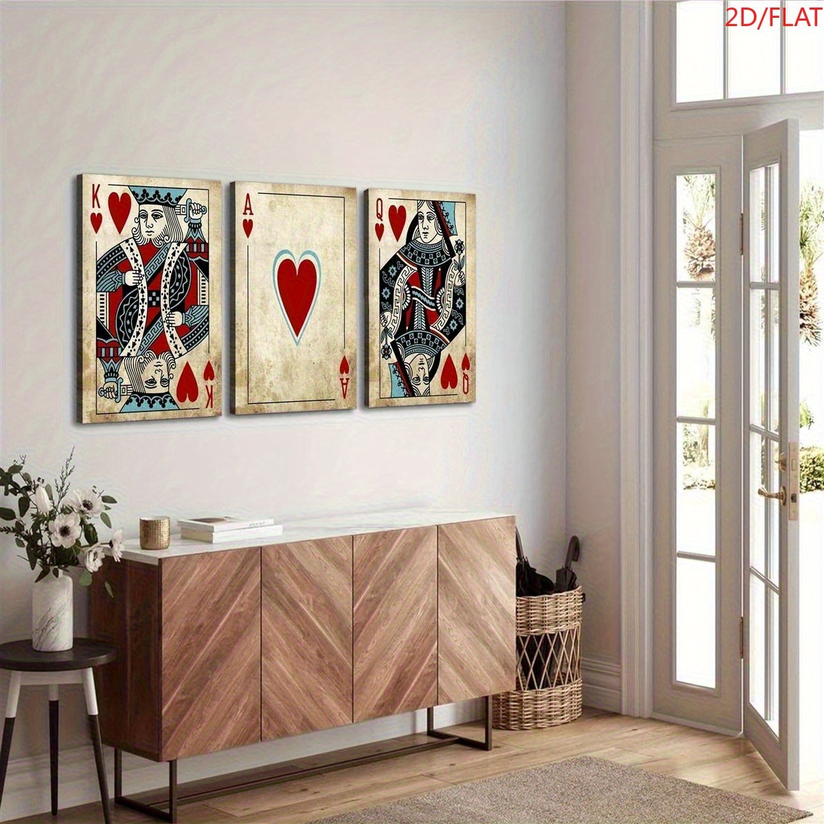 TEMU 2d Flat, 3pcs Vintage Poker Canvas Art Prints - King, Ace, Queen Of Hearts With Intricate Designs, Suitable For Office, Living Room, Café, Bar,