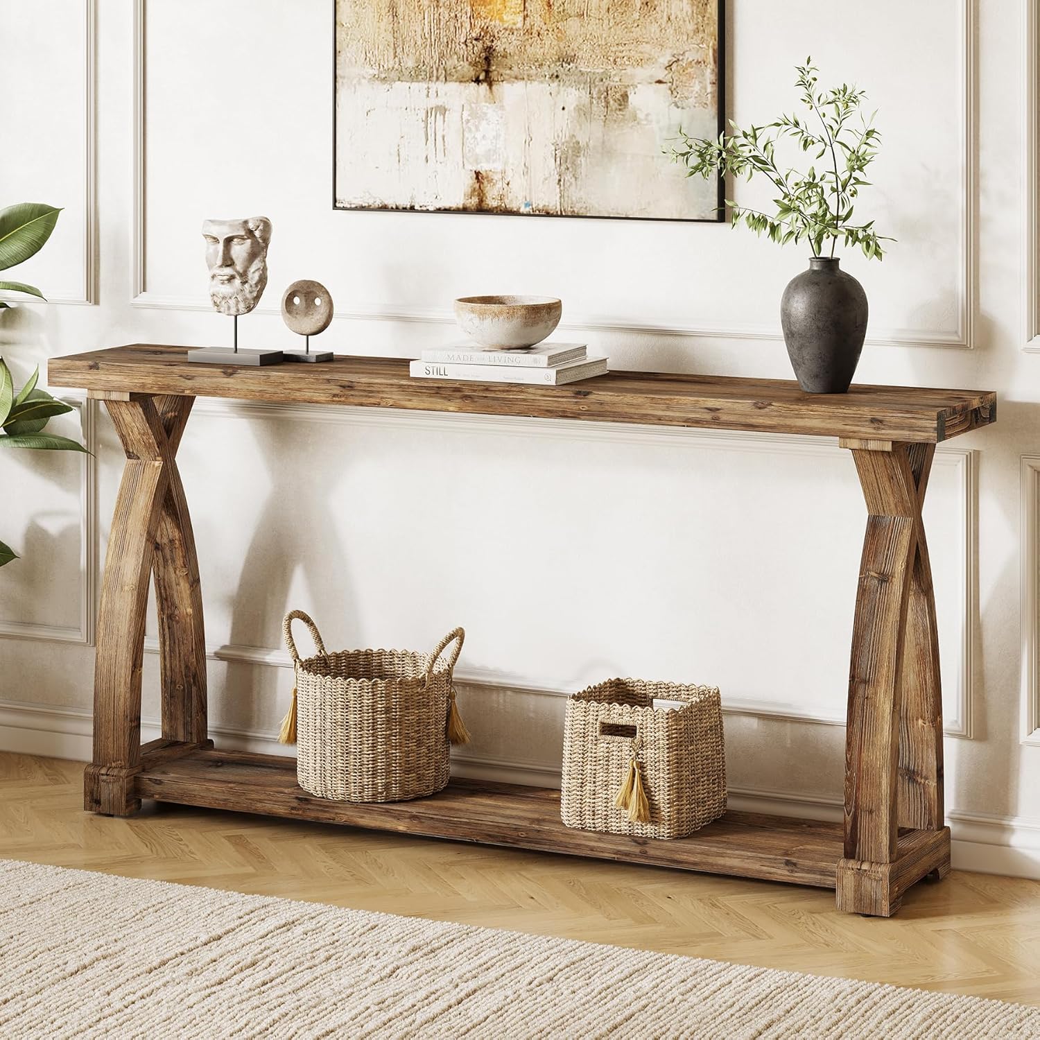 Image of Solid Wood Console Table For Entryway, 63-inch Narrow Farmhouse Couch Table Behind Sofa With 2-tier Storage For Entrance, Foyer, Living Room, Long, Rustic Brown