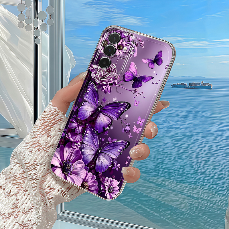 Husă Telefon - Husă Telefon cu Floare și Fluturi Violet pentru Samsung Galaxy A03S A04 A05S A06 A07 A13 A14 A15 A16 5G A17 A22 A23 A24 A25 A26 A32 A34 A35 A36 A37 A52 A53 A54 A55 A56 A57 S21 Ultra S22 Plus S23+ S24 FE S25 S26, Model Desene Animate, Transparentă, Anti-cădere, Acoperire Completă