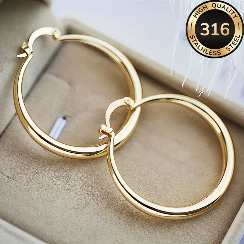 TEMU High-quality Steel Hypoallergenic Golden Hoop Earrings For Women, Kc Golden Plated And Fade Resistant, Elegant Minimalist, Daily & Party Wear,
