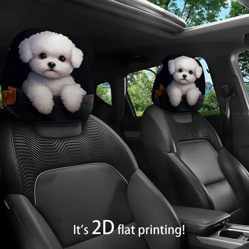 TEMU 2pcs Cute Bichon Frise Printed Seat Covers, 2d Flat, Headrest Protectors, And Machine Washable, Car Decor, Holiday Gift, Ideal Present For , ,