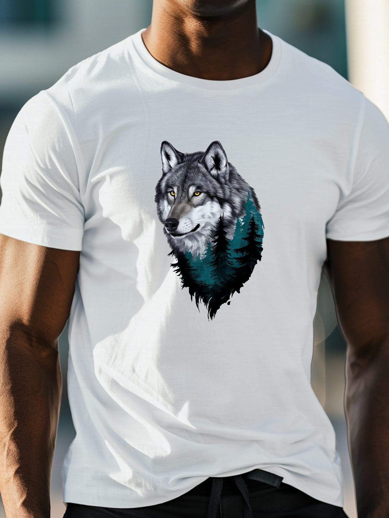 men's wolf head print t shirt casual crew neck short sleeve Temu
