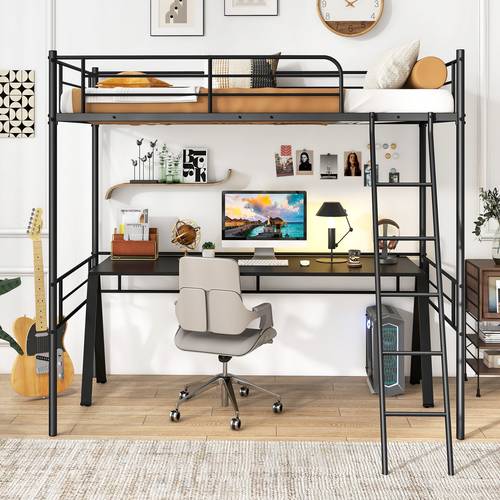 space saving twin loft bed with ladder safety heavy duty metal frame spring needed ideal for teens adults black