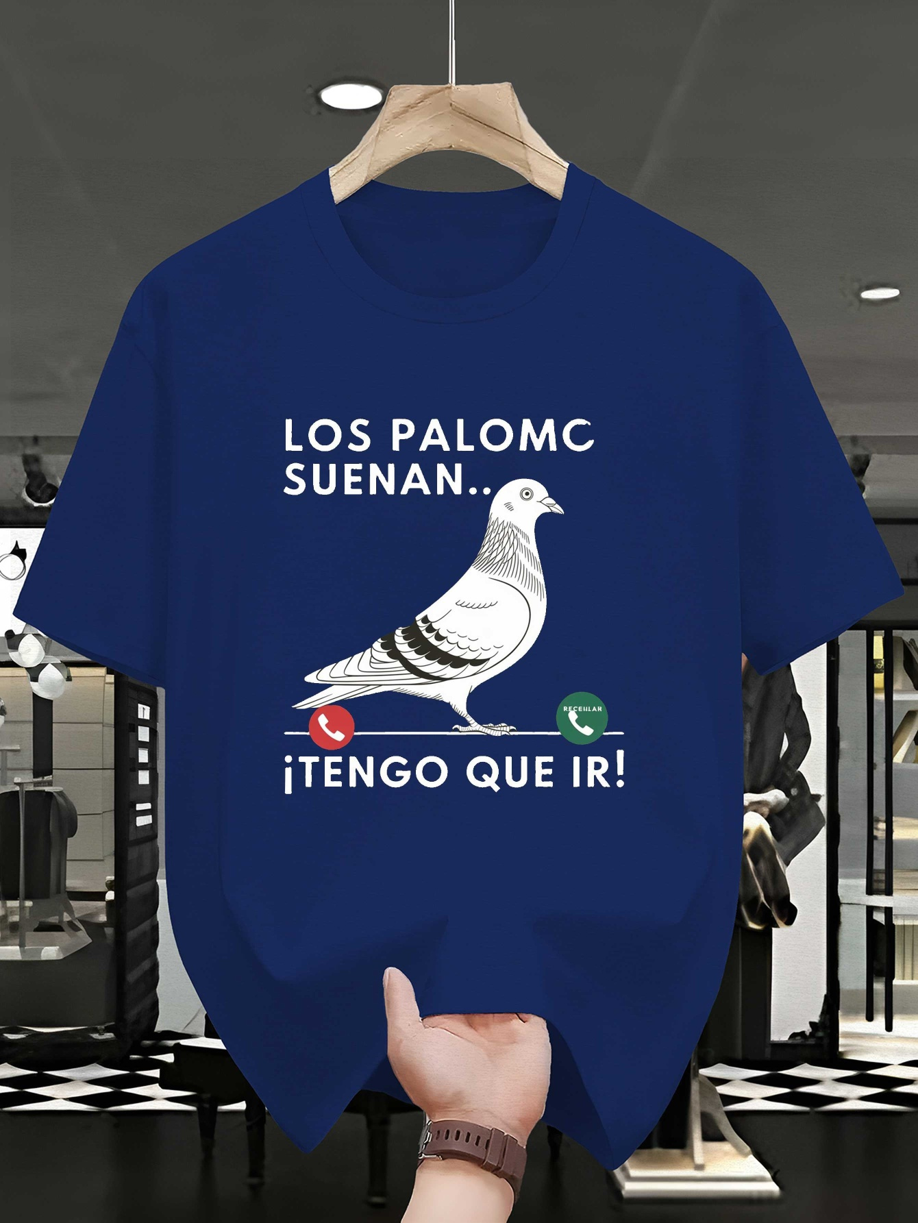 herre casual sommer t-skjorte med humoristisk spansk duekall   - los palomc suenan... ¡  que ir! - blå kortermet t-skjorte med dueillustrasjon,   polyesterblanding,   for casual attire, due t-skjorte 0