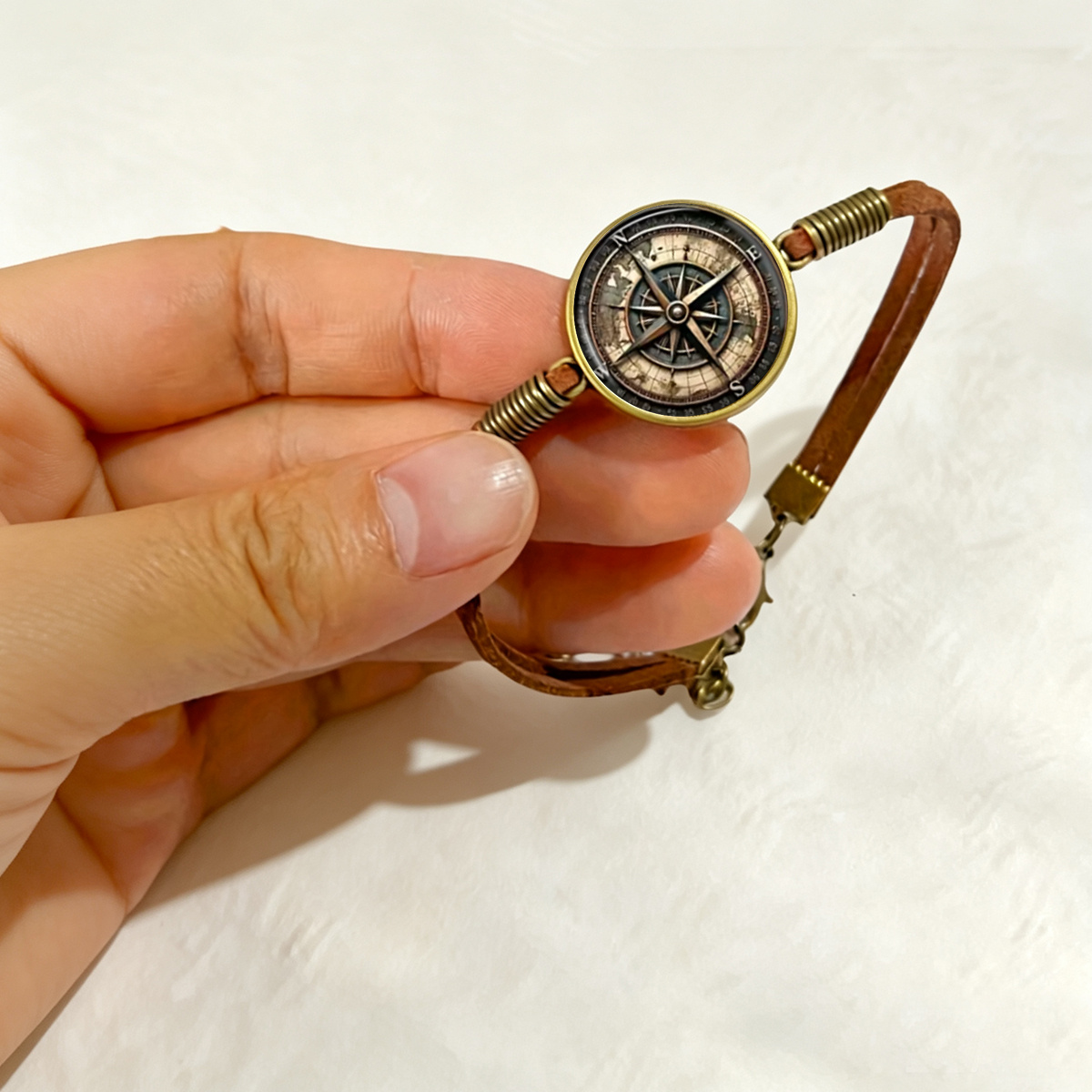 Vintage Nautical Compass Map Pattern Round Glass Bracelet