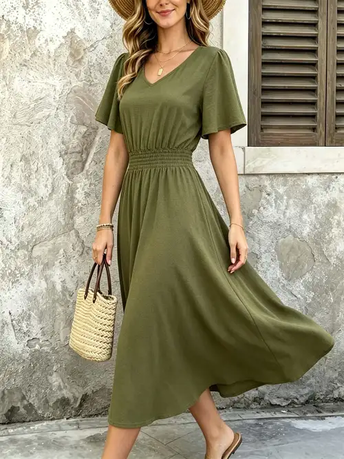 plain casual dresses for women Summer Dresses For Women Cotton Linen Midi Dress Collared Plain Sun-Dress Flowy Button Down Outfits Holiday Beach Clothes