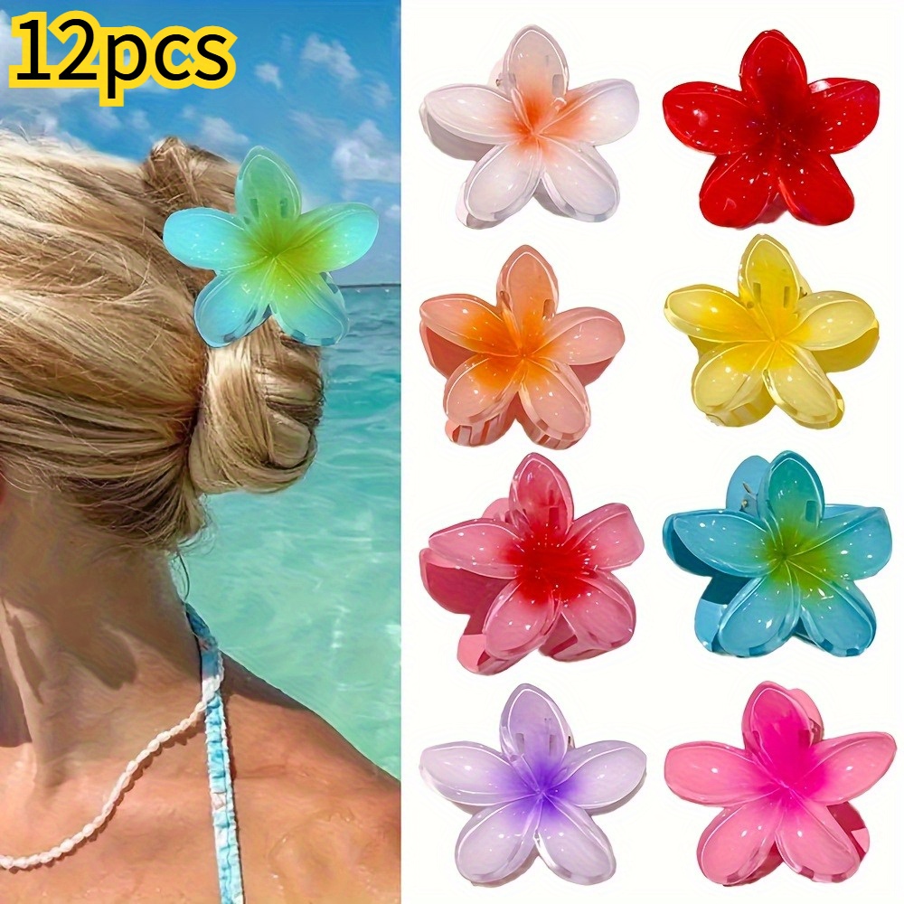 12pcs gradient candy color flower hair clips 8cm large non slip shark clip for thick hair     durable plastic hairpins for women and s summer beach party accessories hibiscus headwear Product details 0
