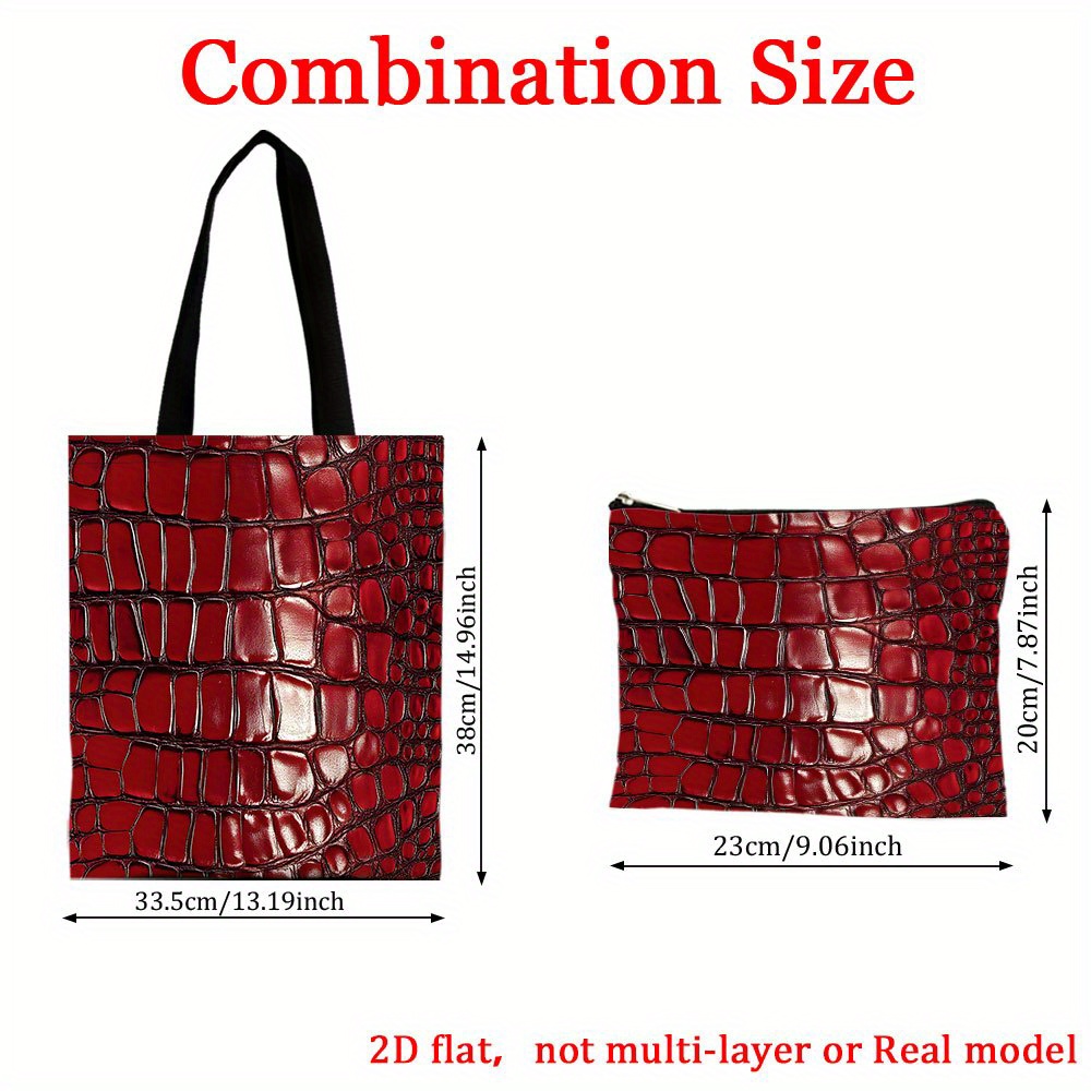 TEMU Set Of 2 Red Tote Bags Featuring A Crocodile , Including A Makeup Bag. Fashionable, Reusable Shopping Bags Are Ideal For Travel, Camping, Daily Use, And For Birthday Parties