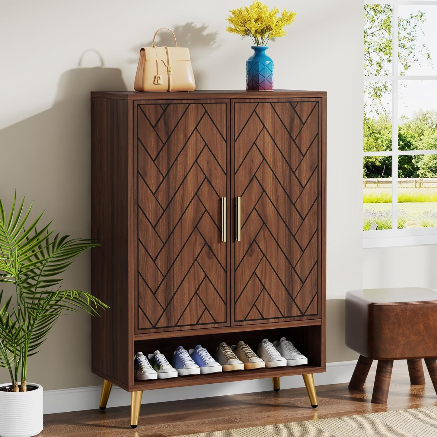 6-tier Shoe Cabinet With Doors, Wooden Shoe Storage Cabinet With Adjustable Shelves For Entryway, Hallway, Bedroom (walnut)
