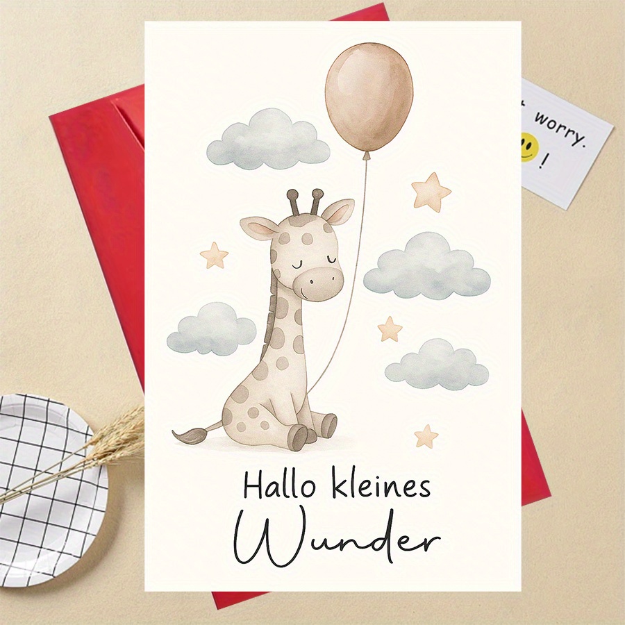 E-shop 1 Stück Niedliche Giraffen-Luftballon-Baby-Shower-Karte mit dem deutschen Text " " - Pastell-Dekorationen, Geschenk, Geburtstagsparty-Einladung
