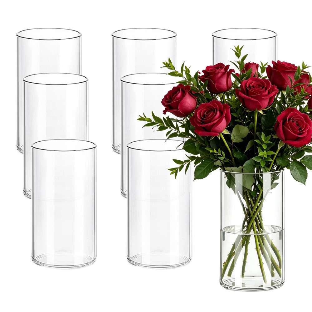 TEMU Lot de 8 vases cylindriques en verre transparent simple, de 12 cm de hauteur et 6,5 cm de diamètre. Convient pour fournitures de mariage,
