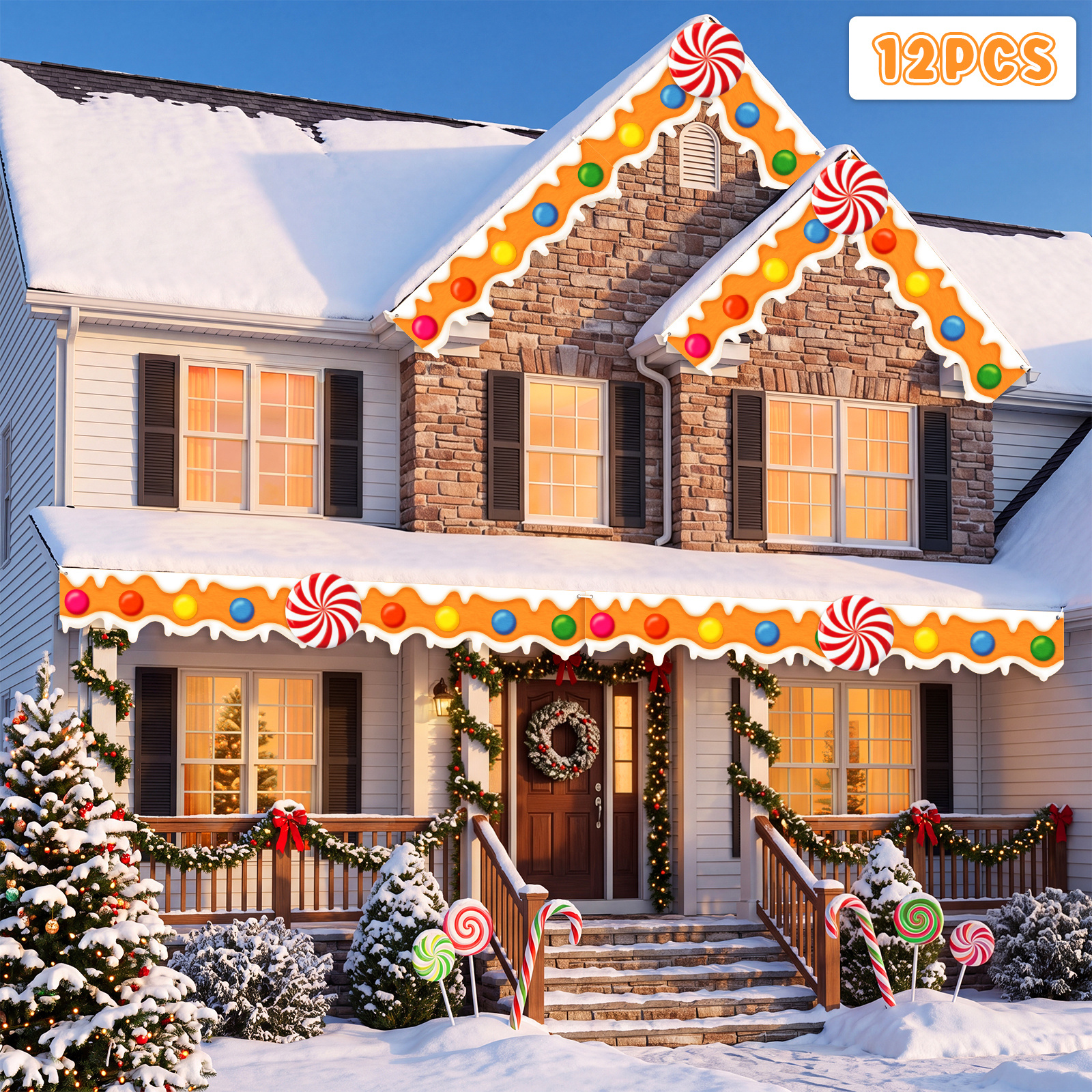 TEMU 12pcs Gingerbread House Roof Edge Decorations With 8pcs Icing Trim Banners & 4pcs Peppermint Cutouts - Suitable For Outdoor/ Christmas Party,