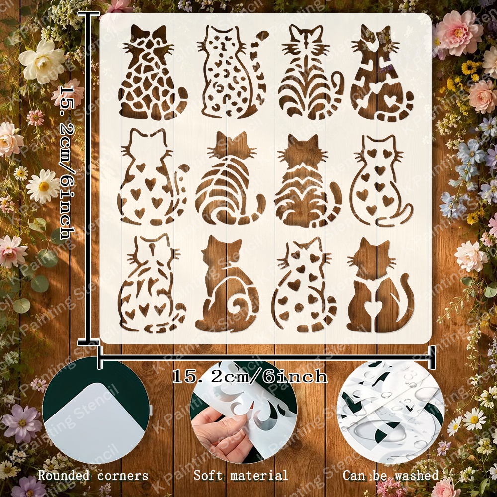 TEMU Cute Cat Painting Stencil - Sitting Kitten, Heart Pattern Cat, Leopard Print Cat, Striped , Back View Feline Silhouette Drawing Template - 6x6