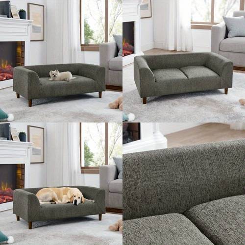 modern dark grey pet sofa with backrest and armrests for living room settings rectangular design suitable for small to medium dogs featuring a soft cushion for durable construction and