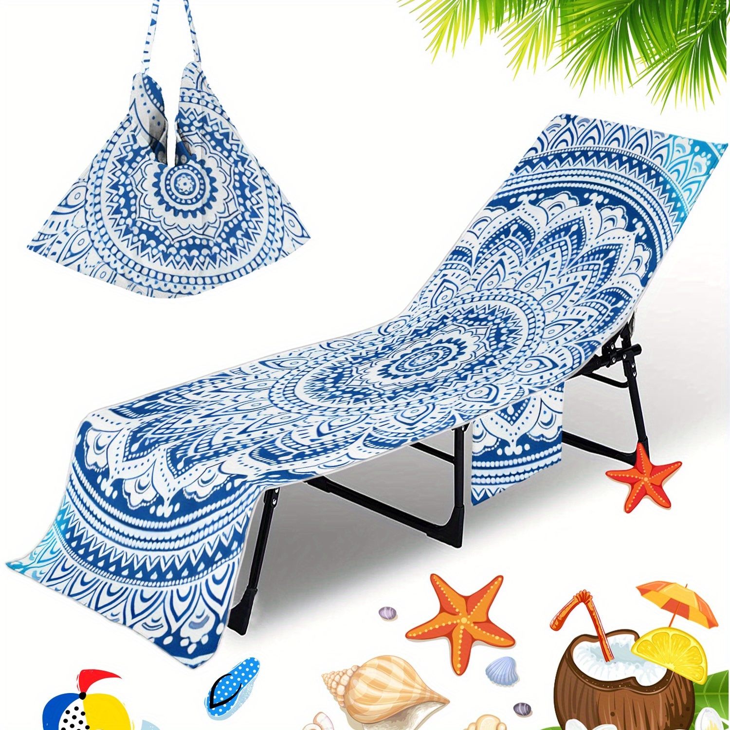 TEMU 1pc Blue And Pattern Beach Towel Set - Quick-drying, Lightweight Towel With Pocket - Ideal For Sunbathing And Relaxing By The Pool, Beach