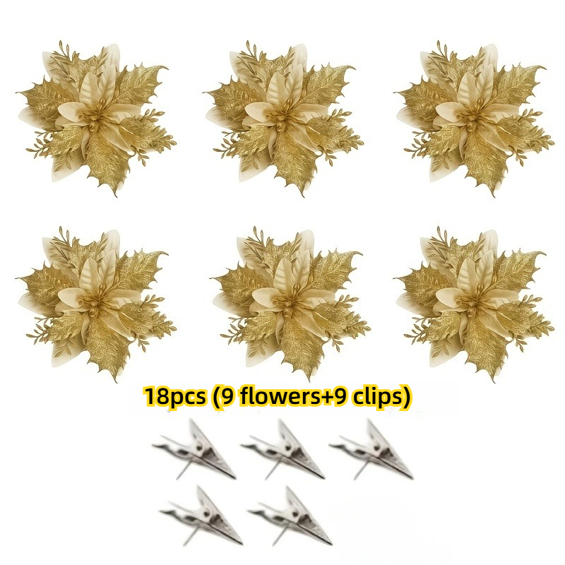TEMU 18 piezas (9 flores y 9 clips) Clips dorados artificiales de cinta de flores navideñas - Decoración realista en capas, adecuado para árbol de