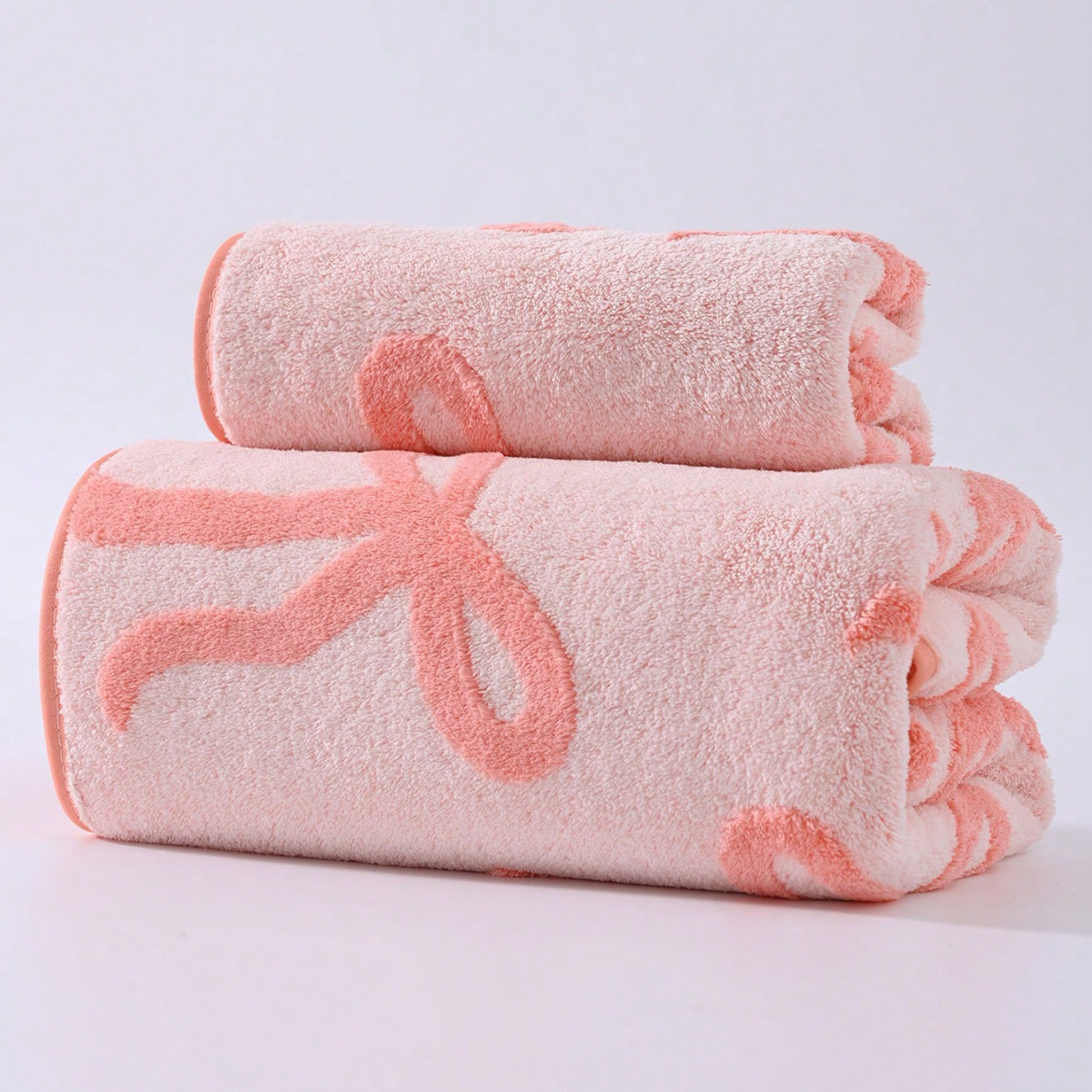 E-shop 2er/4er Set Rosa Korallenfleece Handtuchset | Süßes Schleifenmuster, Jacquard-, Ultraweich, Hochwertig, Ideales Geschenk für Partner,
