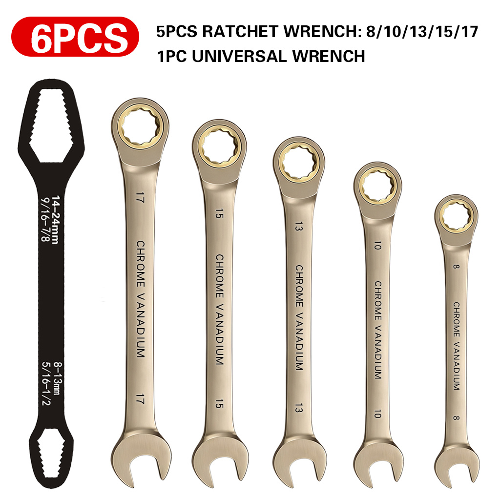 Image of 6pcs 72-tooth Ratcheting Wrench Set With Universal Grip Wrench, 8/10/13/15/17mm Metric Combination Spanner Set, Chrome Vanadium Tools For Auto, Bike &