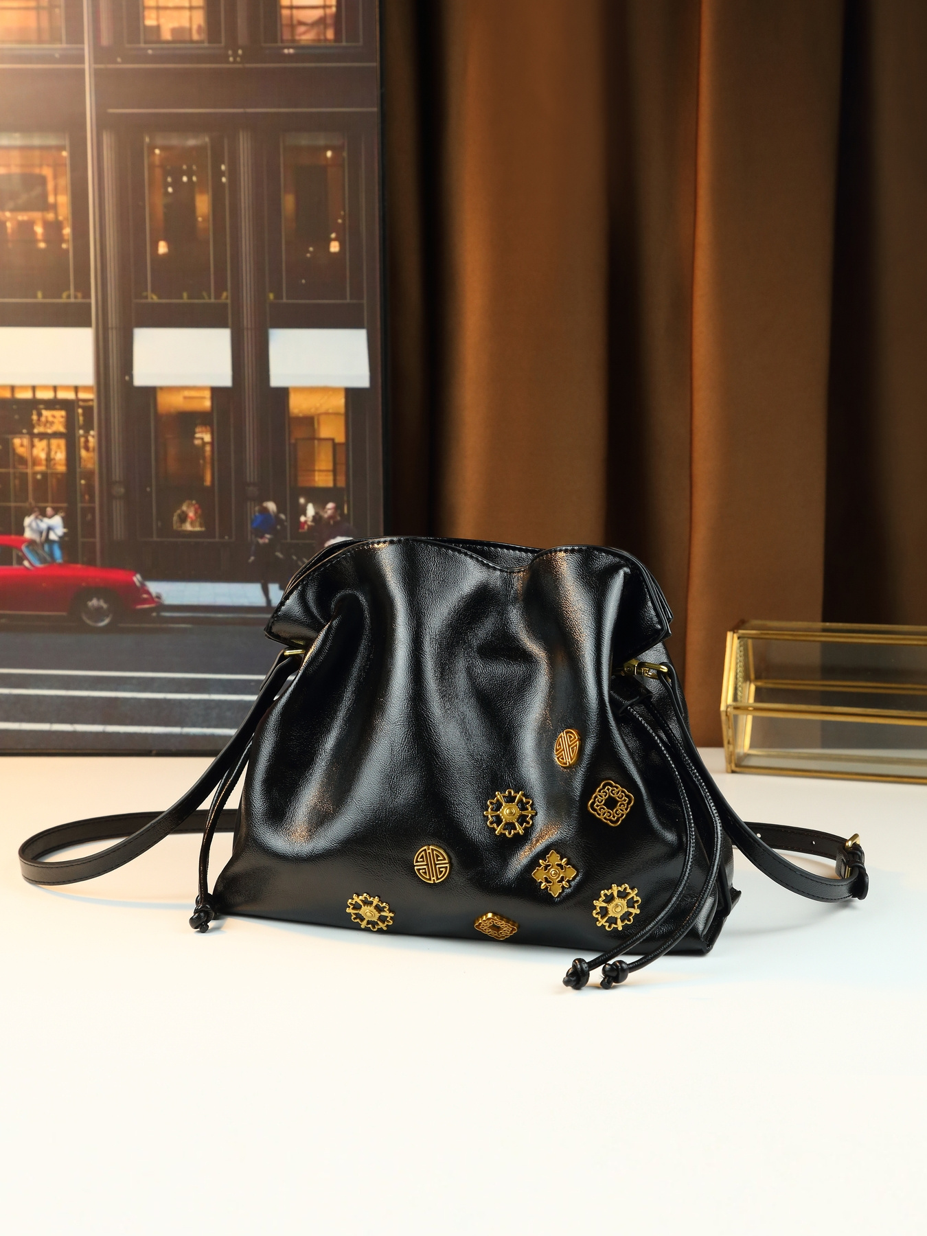 Black Drawstring Handbag base detail