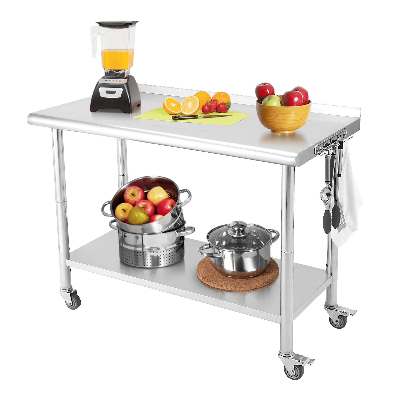90x 60cm Nsf Certified Stainless Table With 4 Rolling Wheels, Hooks, And 3-level Adjustable Shelves For Outdoor, Restaurant, Hotel, Workshop, Kitchen, Garage, And Garden Use