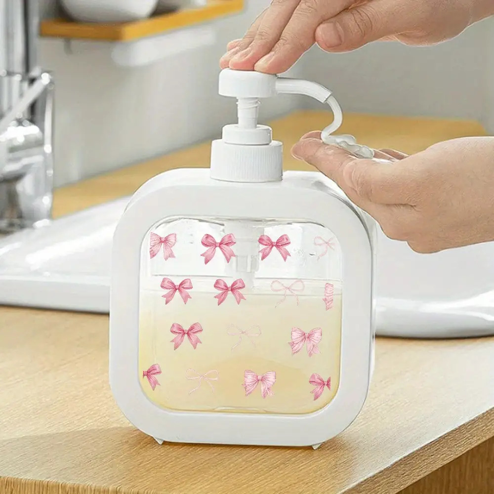 E-shop Niedlicher rosa Schleifen-Seifenspender mit Pumpe - Modernes weiß-rosa Design, langlebiger Kunststoff, nachfüllbarer Handseifenspender, geeignet