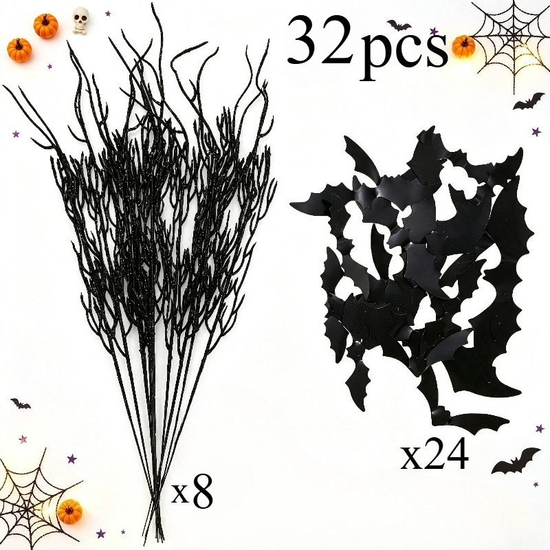 TEMU 32 pezzi, 8 rami , 24 pezzi di fiori artificiali a forma di pipistrello, decorazioni di Halloween, rami di salice riccioluti e adesivi murali