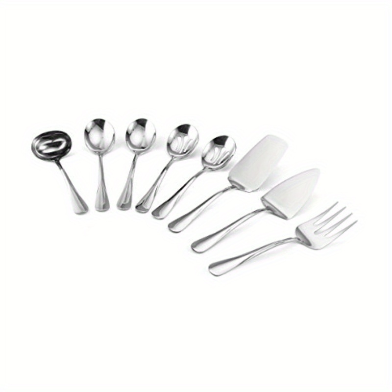 8pcs stainless steel serving set   2 serving pieces 2 dessert pieces 2 forks 2 knives 2 spoons and 2 chopsticks   picnics bbqs and outdoor   picnic essentials modern serving set durable cutlery Product details 1