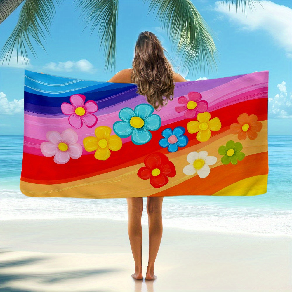 Oversized Quick-drying Beach Towel Floral And Striped Pattern Soft_voghion.com