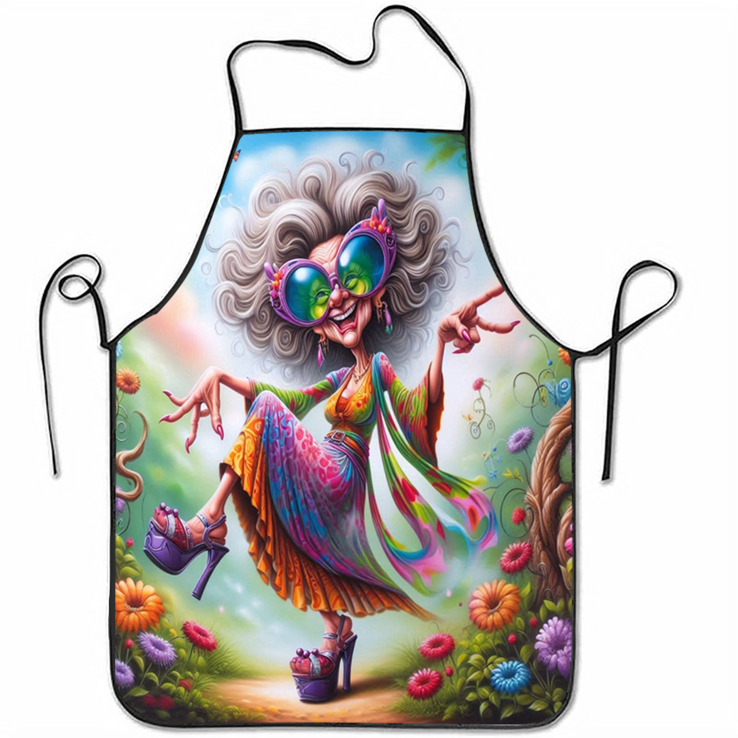 TEMU 1pc Colorful Cartoon Old Woman Print Apron, Women Men Daily Cooking Fashion Housework Kitchen Home Workwear Suitable For Cooking, Baking, Home